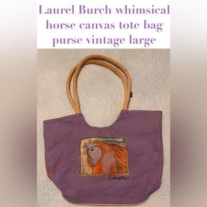 Laurel Burch whimsical horse canvas tote bag purse vintage large lavender peach